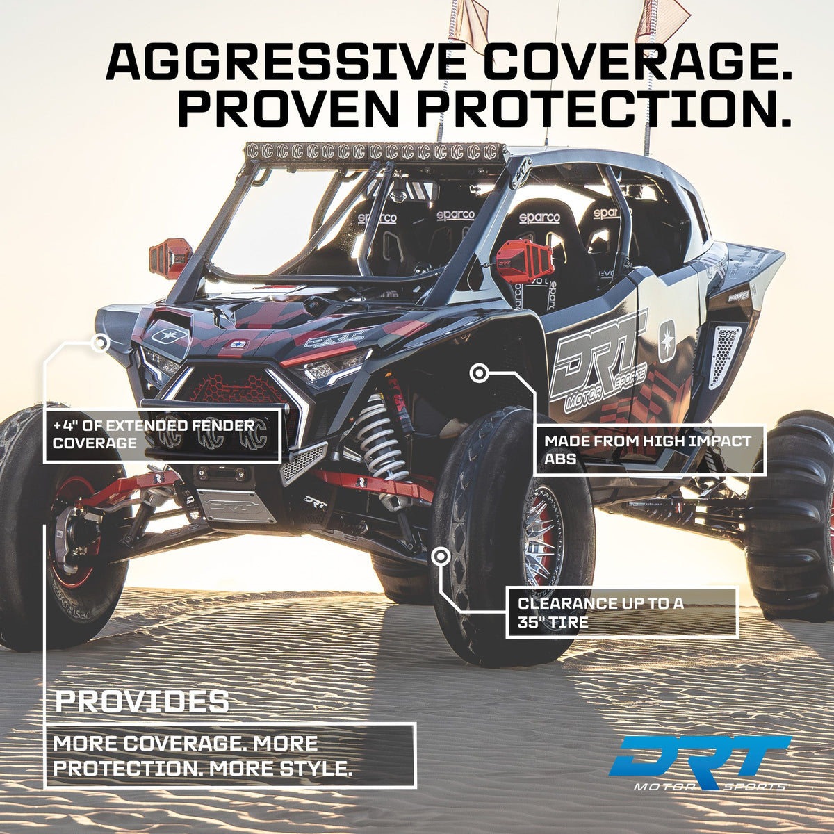 Fender Kit for Polaris RZR 2025+ Pro Series installed, with DRT manufacturer feature callouts; additional accessories may be shown.