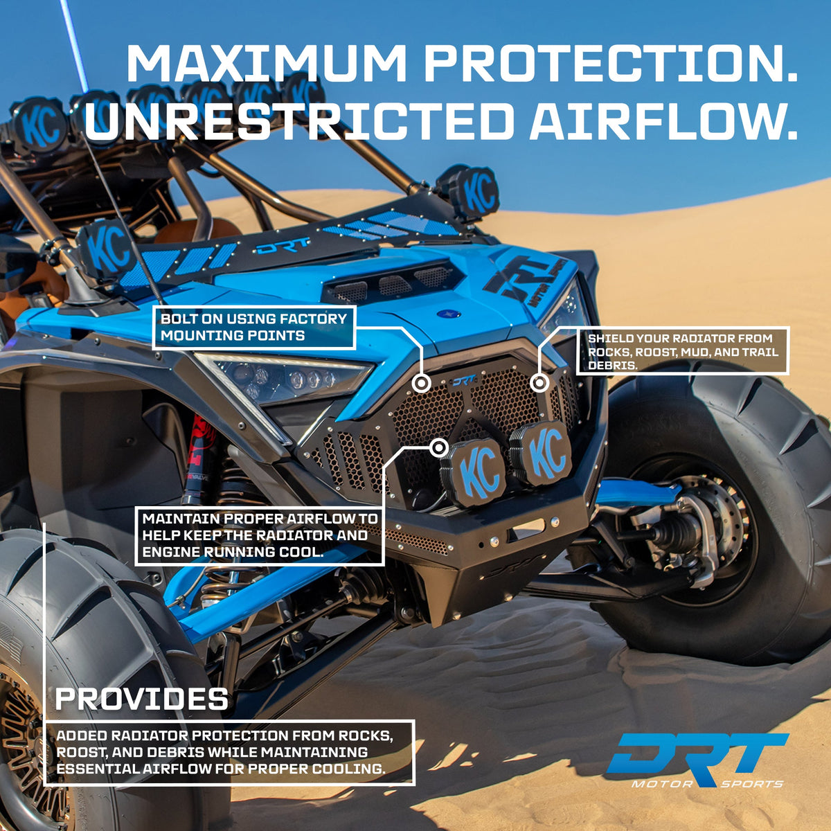 Aluminum Grill for RZR Pro R / Turbo R 2022-2024 installed, with DRT manufacturer feature callouts; additional accessories may be shown.