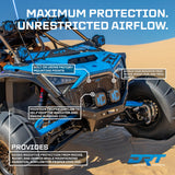 Aluminum Grill for RZR Pro R / Turbo R 2022-2024 installed, with DRT manufacturer feature callouts; additional accessories may be shown.