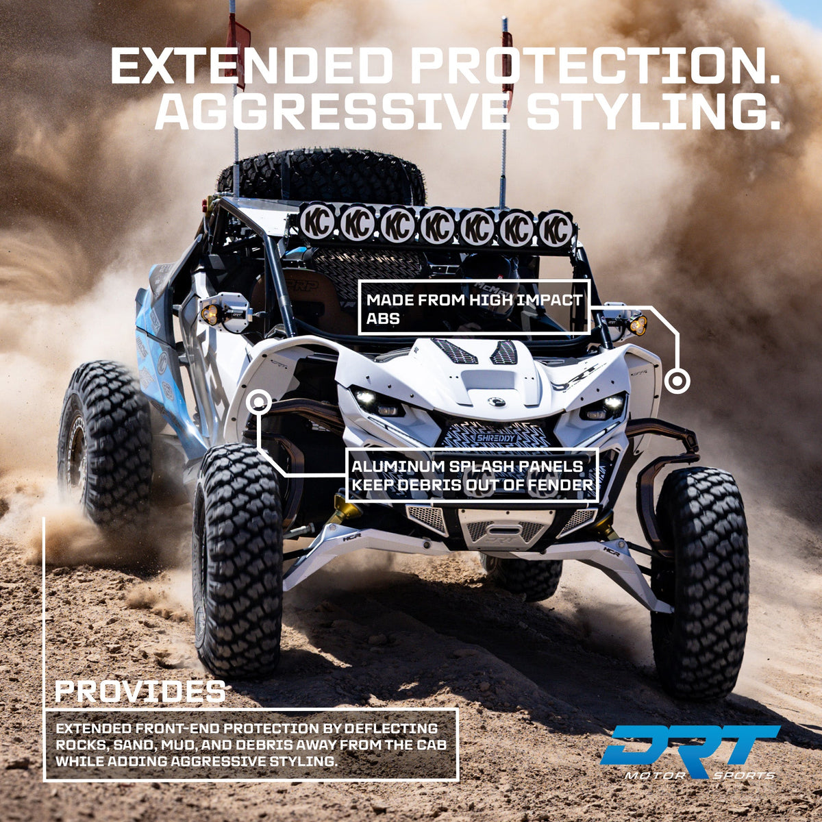 Front Fender Kit for Can-Am 2024+ Maverick R installed, with DRT manufacturer feature callouts; additional accessories may be shown.