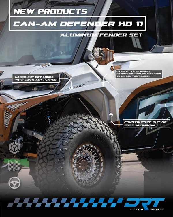 DRT aluminum fender set installed on a Can-Am Defender HD11, with manufacturer feature callouts; custom finish, lights and other accessories shown.