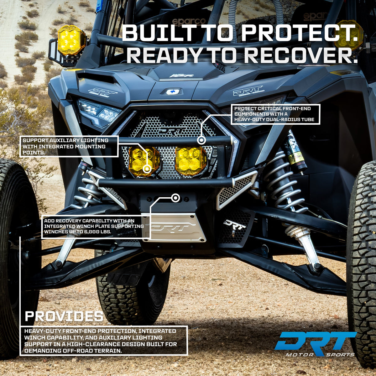 DRT Desert Runner winch bumper installed on a Polaris RZR Pro Series, with recovery and protection feature callouts.