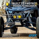 DRT Desert Runner winch bumper installed on a Polaris RZR Pro Series, with recovery and protection feature callouts.