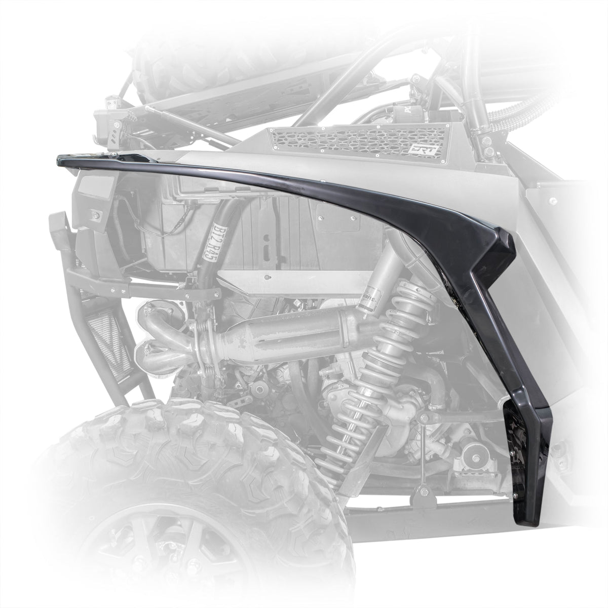 DRT full-coverage front fender mounting location highlighted on a Polaris RZR XP.