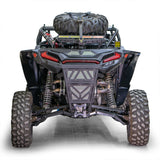 Rear view of DRT full-coverage ABS fenders installed on a Polaris RZR XP, showing rear tire coverage.