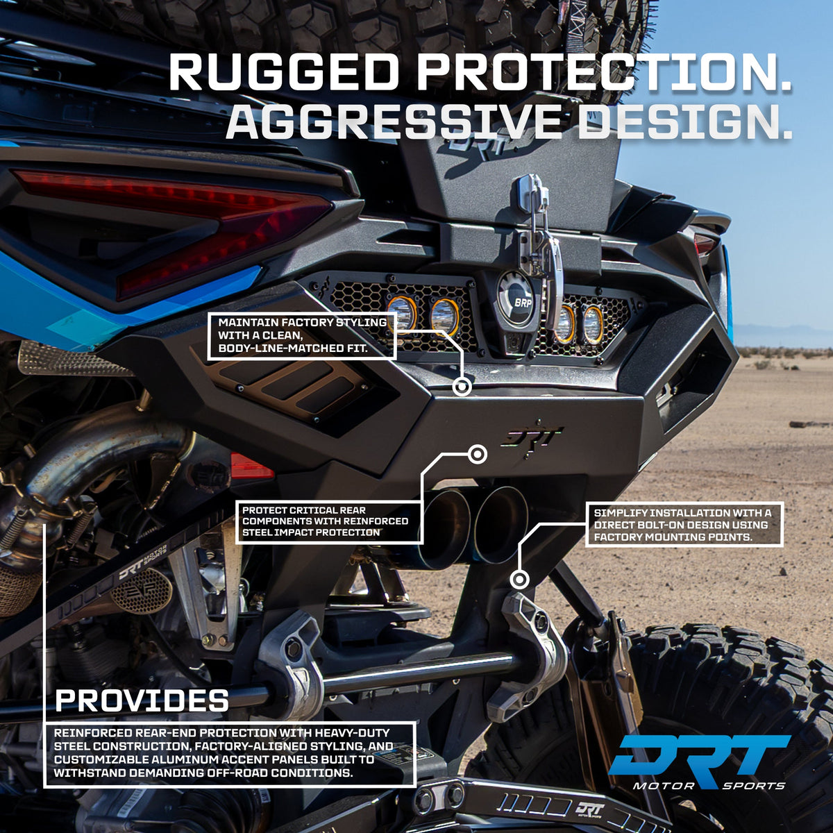 DRT Desert Runner rear bumper installed on a Can-Am Maverick R Max, with manufacturer feature callouts; other accessories shown.