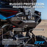 DRT Desert Runner rear bumper installed on a Can-Am Maverick R Max, with manufacturer feature callouts; other accessories shown.