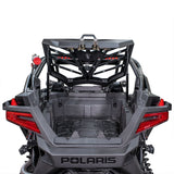 Rear view of the installed DRT RZR adventure rack raised to access the cargo bed.