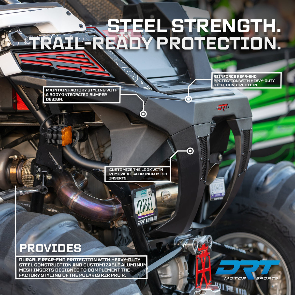 DRT rear bumper installed on a Polaris RZR Pro R, showing rear coverage and removable mesh inserts with manufacturer callouts; other accessories shown.