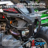 DRT rear bumper installed on a Polaris RZR Pro R, showing rear coverage and removable mesh inserts with manufacturer callouts; other accessories shown.