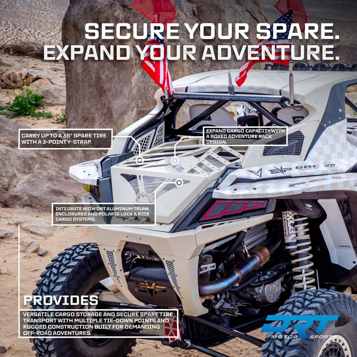 DRT V2.0 tire carrier and adventure rack installed on a Polaris RZR Pro Series with manufacturer feature callouts; custom finish and other accessories shown.