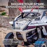 DRT V2.0 tire carrier and adventure rack installed on a Polaris RZR Pro Series with manufacturer feature callouts; custom finish and other accessories shown.