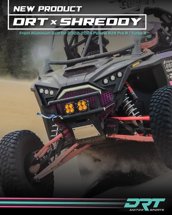 DRT x Shreddy front grille installed on a 2022–2024 Polaris RZR Pro R/Turbo R build in action; custom pink finish and other accessories shown.