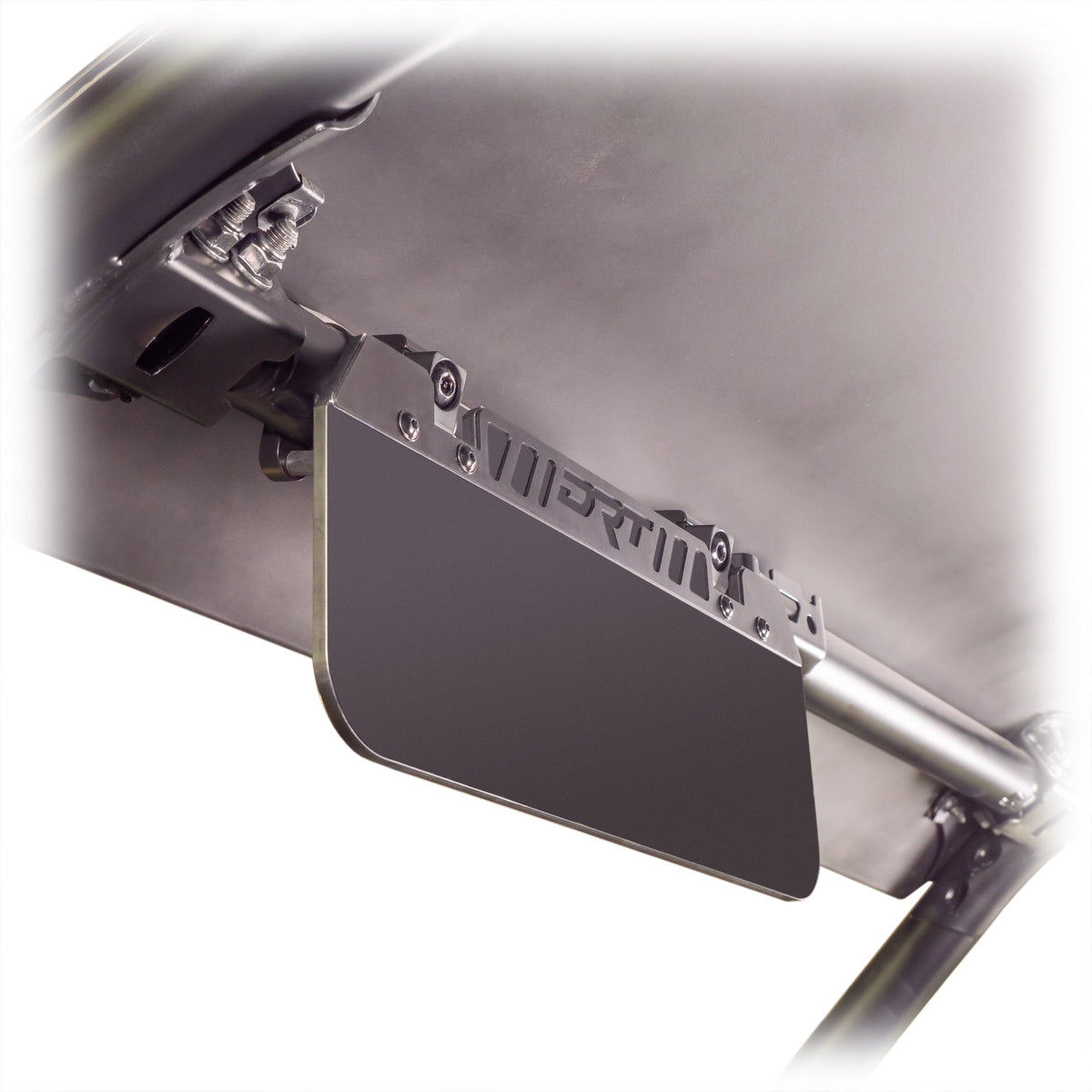 DRT universal sun visor installed beneath a UTV roof, showing the cage mounting bracket and adjustable visor hardware.