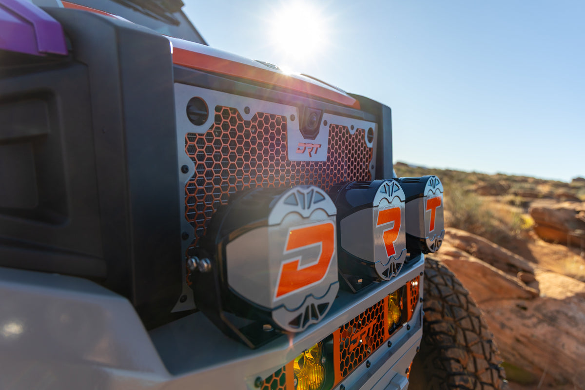 DRT Front Grille Insert for Polaris 2024+ Xpedition installed on DRT's Jagged X Xpedition build; custom finish and other accessories shown.