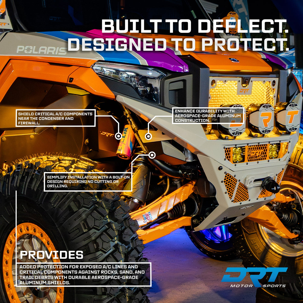 DRT front A/C line guards installed on a Polaris Xpedition NorthStar, with callouts showing their mounting location and protection for exposed A/C lines.