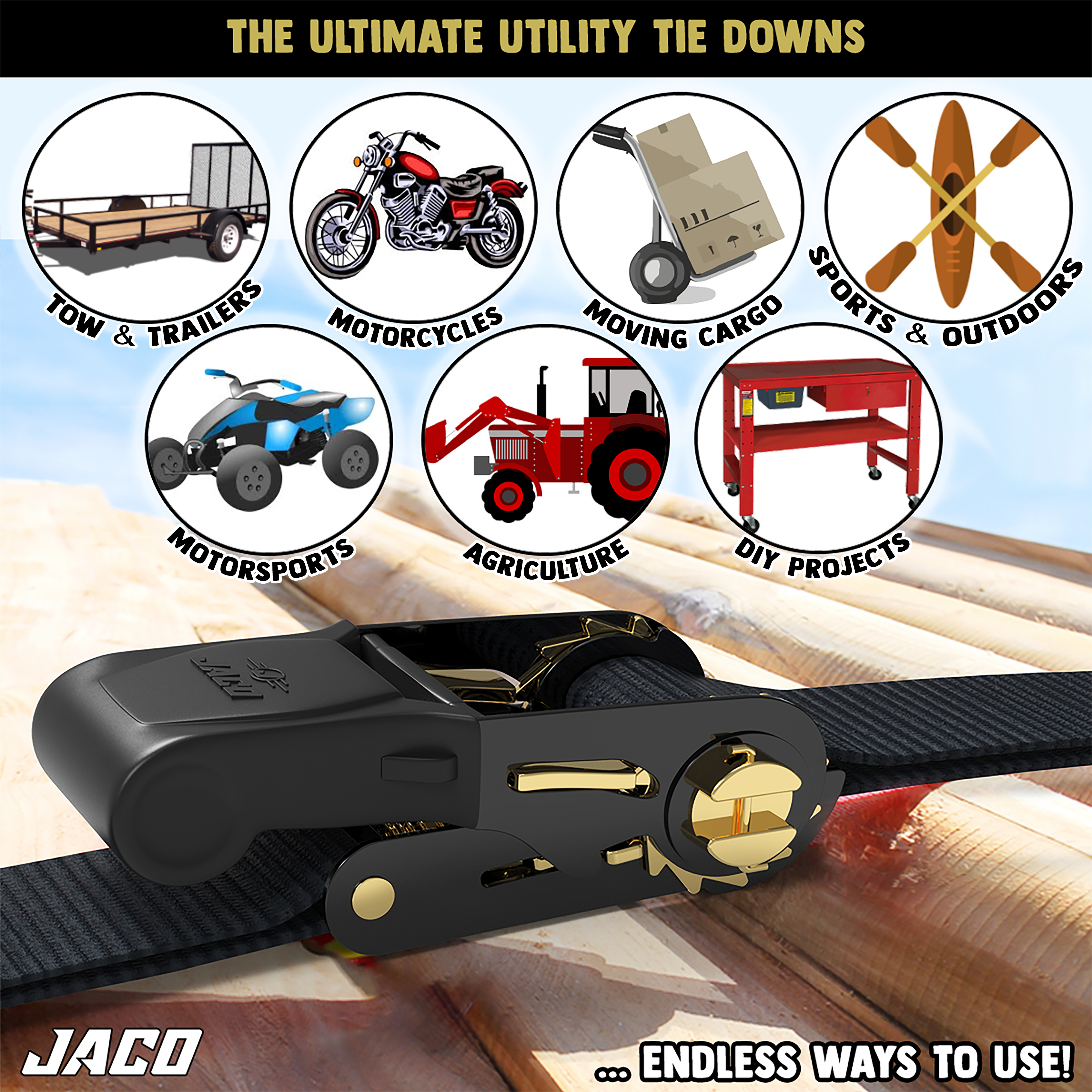 Photo of Tie Down Ratchet Straps (4 Pack) - 1 in x 15 ft | AAR Certified Break Strength (1,823 lbs) | Cargo Tie Down Set by JACO - Premium Tie Downs for UTVs / Side by Sides