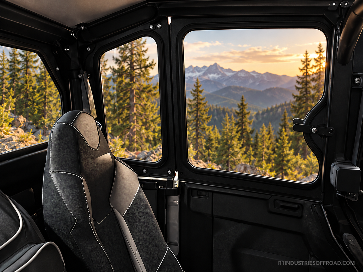 Vault black rear upper glass frame and interior latch; edited finish and scenery
