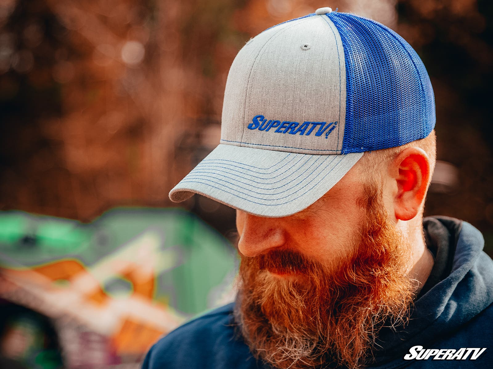 Photo of SuperATV Gray and Blue SuperATV Trucker Hat by SuperATV - Premium Apparel & Accessories for UTVs / Side by Sides