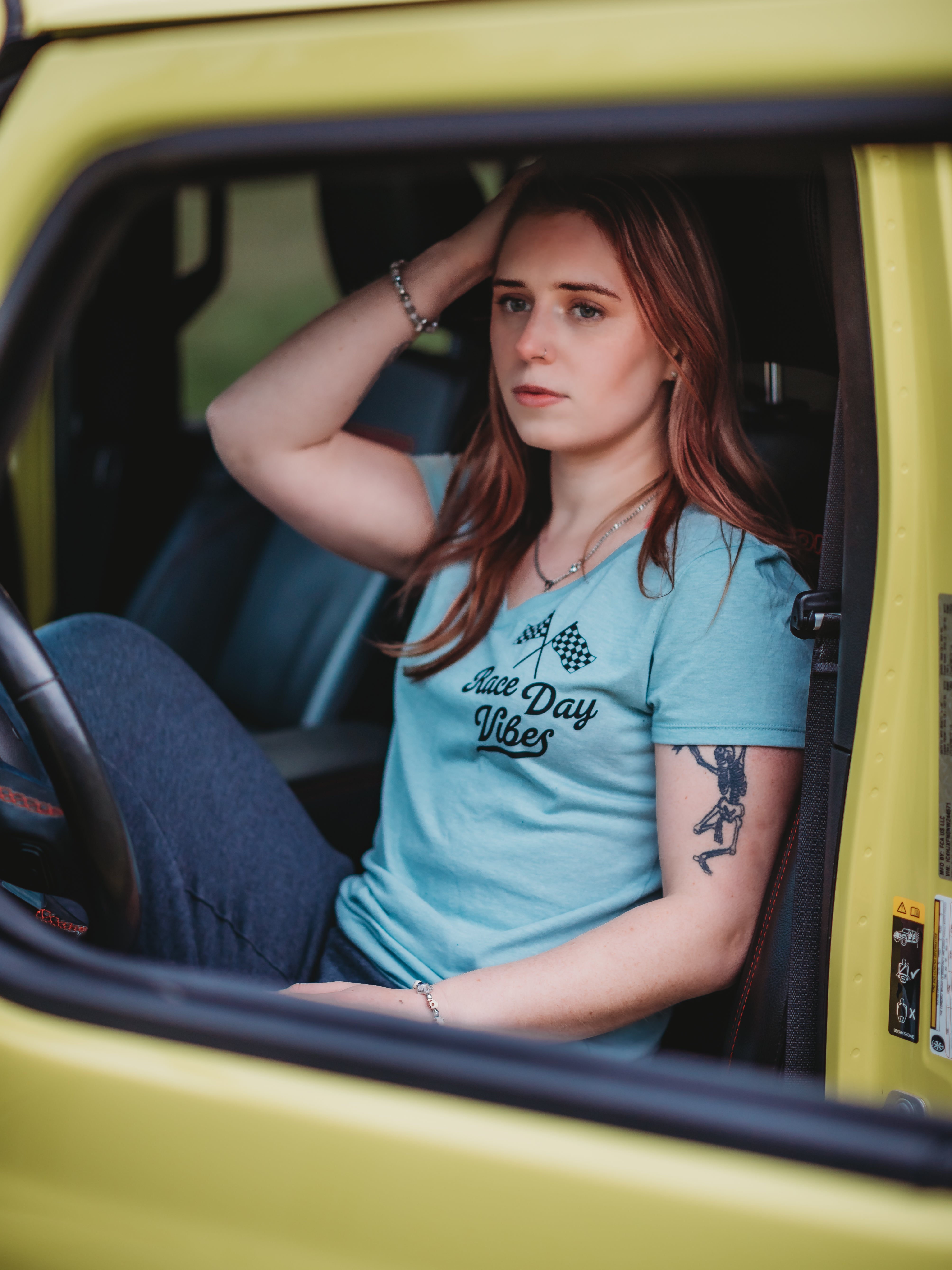 Photo of Race Day Vibes Ladies V Neck Tee by OFF-ROAD VIXENS CLOTHING CO. - Premium Apparel & Accessories for UTVs / Side by Sides