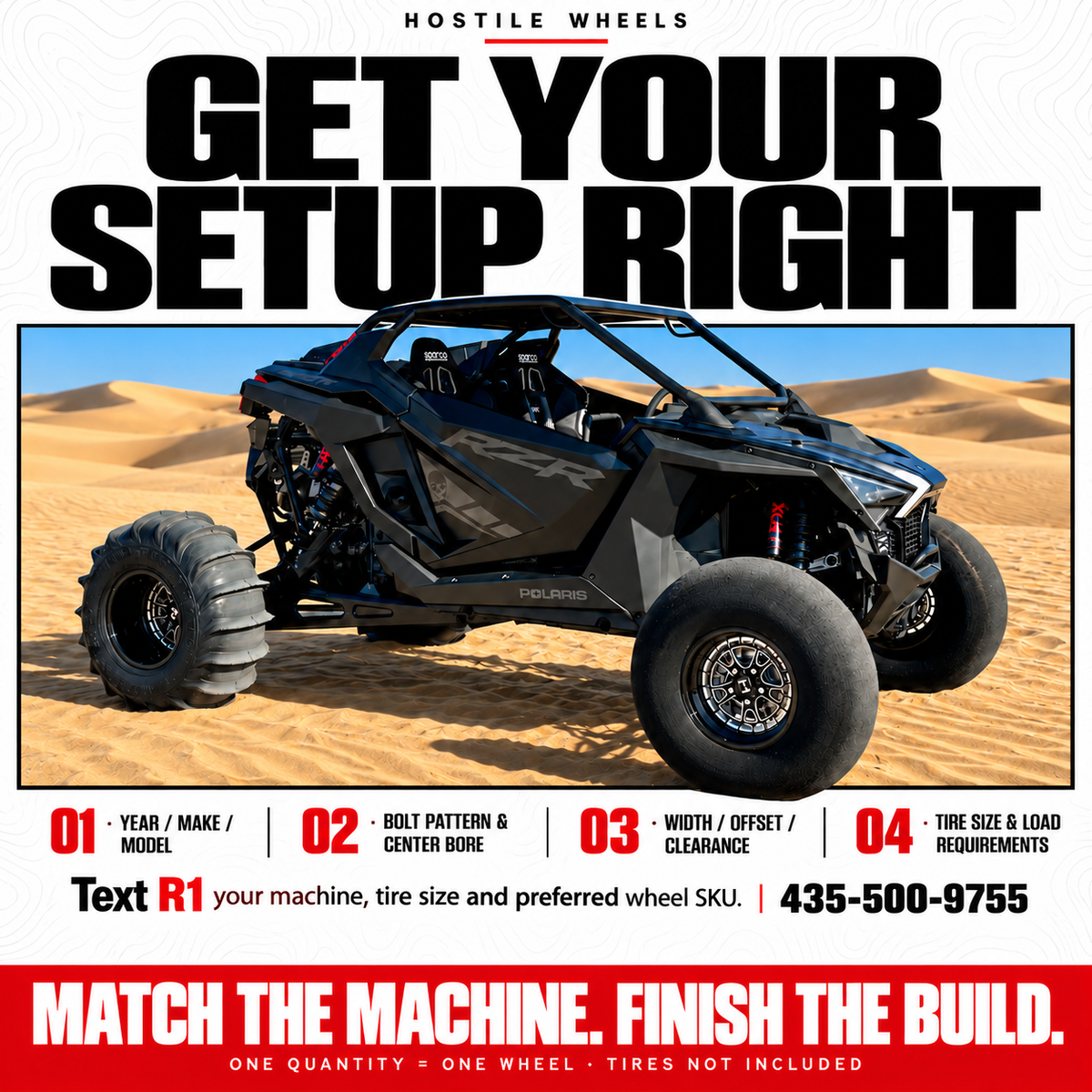 R1 UTV wheel fitment checklist: machine, bolt pattern, center bore, width, offset, clearance and tires; sand dune setting