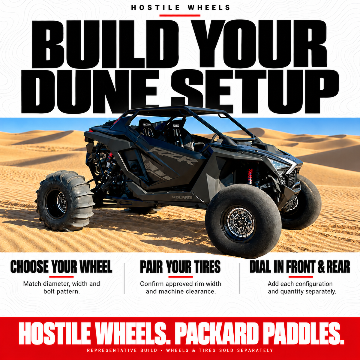 Hostile wheels and Packard paddle tire setup guide; representative build; sold separately; sand dune setting