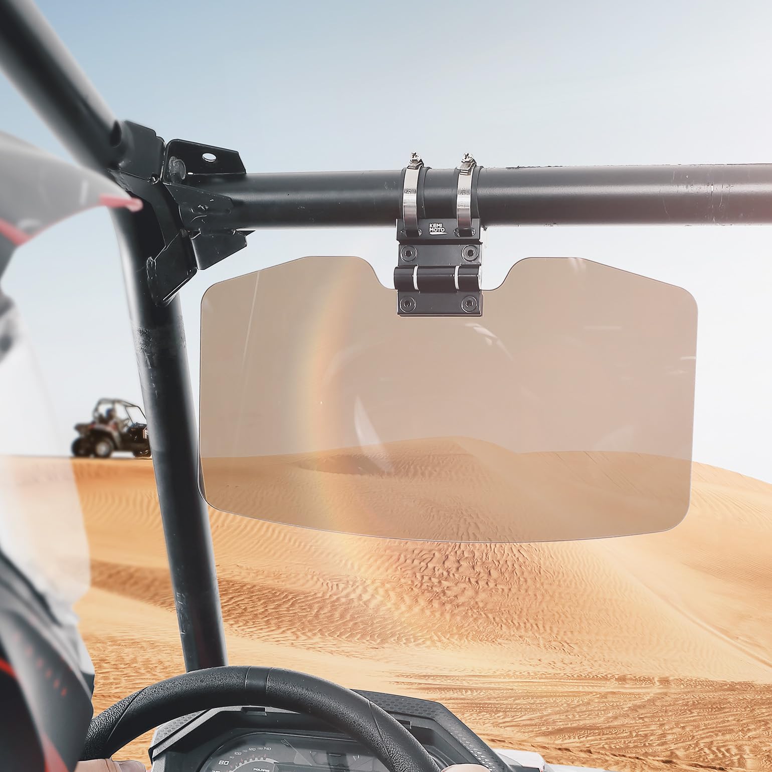 Photo of Oversized Upgraded UTV Sun Visor Mirror for 1.5”-2” Roll Bars by Kemimoto - Premium for UTVs / Side by Sides