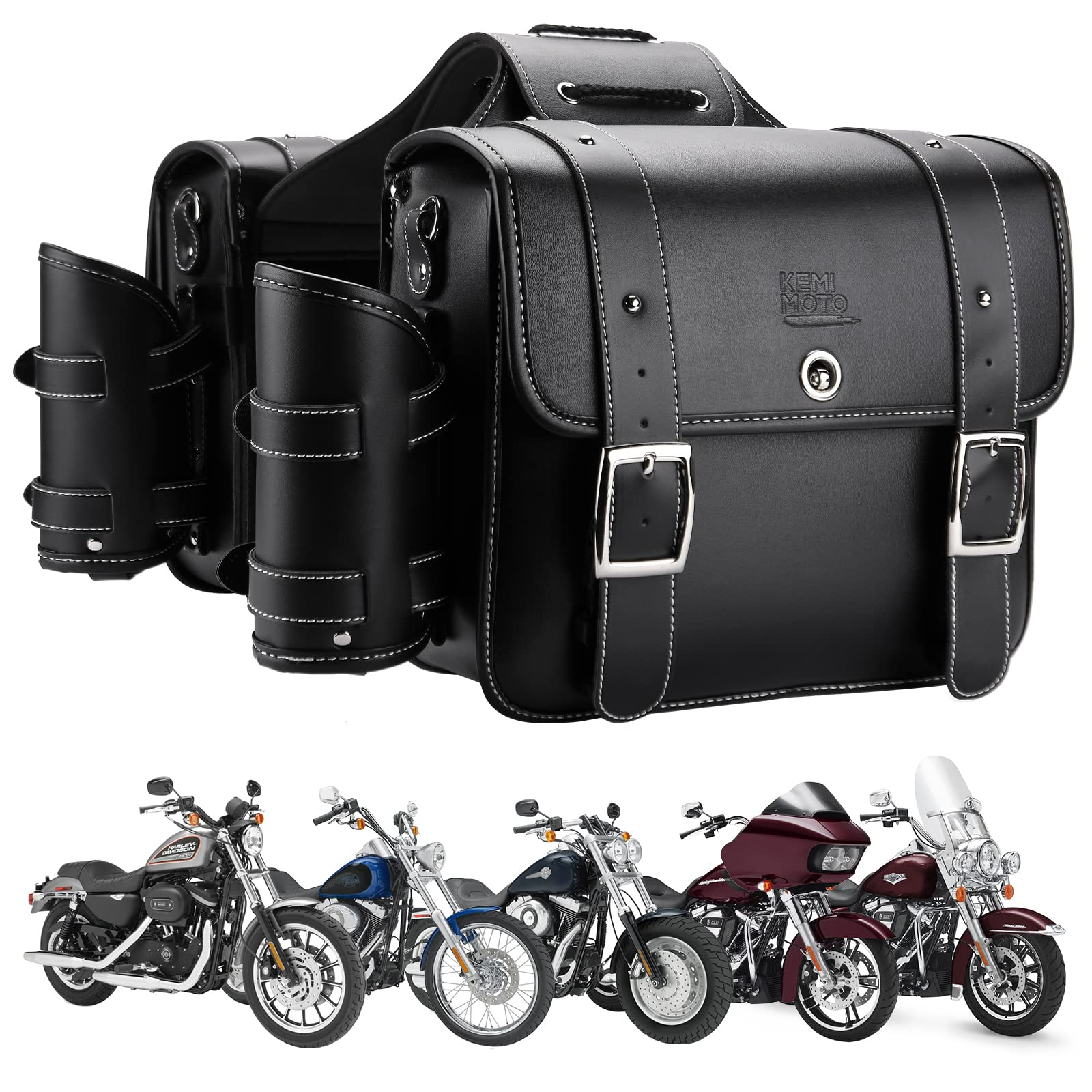 Photo of 20L PU Leather Saddlebags With Cup Holder for Sportster Softail Dyna (1 Pair) by Kemimoto - Premium for UTVs / Side by Sides