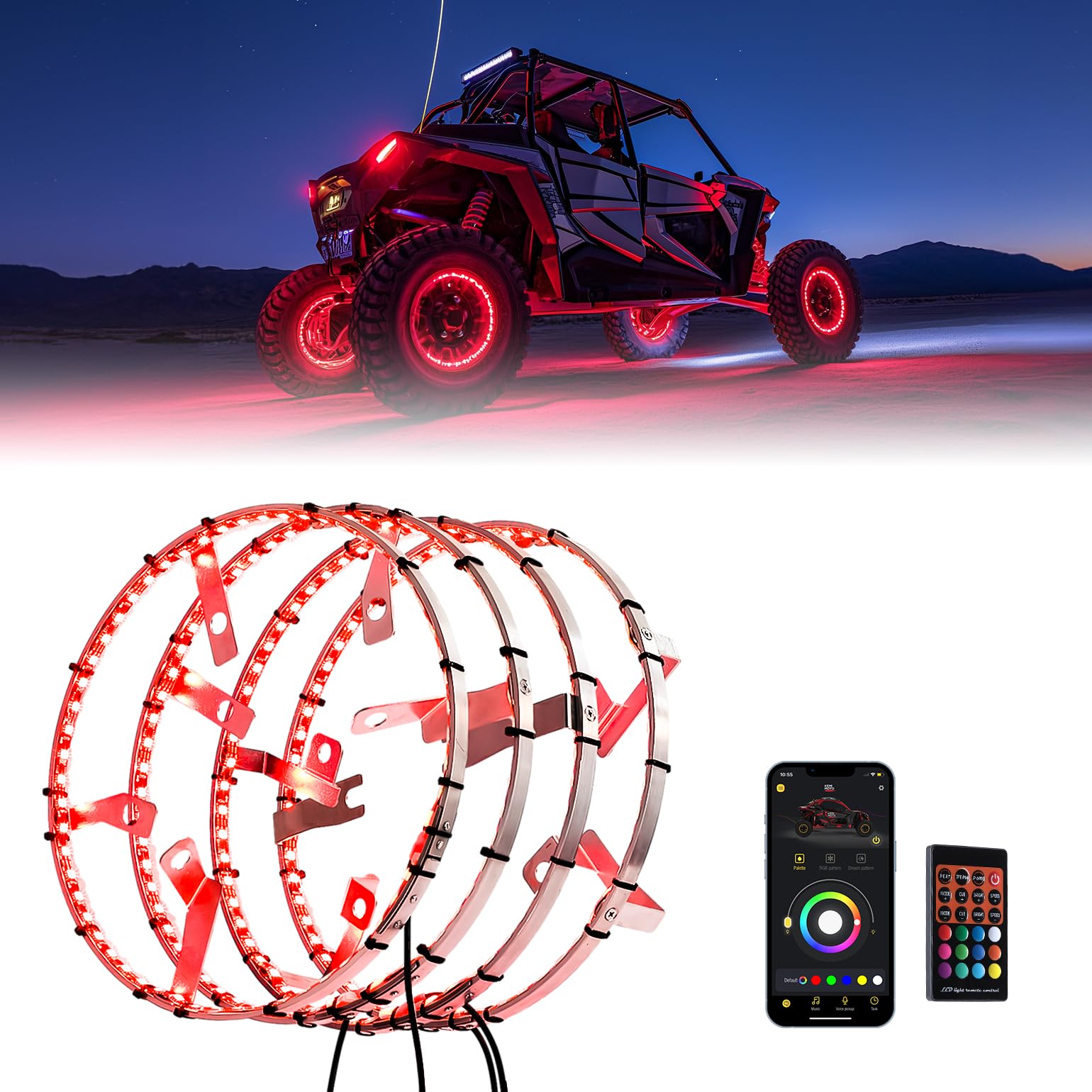 Photo of UTV Wheel Ring Lights Kit w/RGB Chasing Color for Polaris RZR PRO XP/4 2020-2024 by Kemimoto - Premium for UTVs / Side by Sides