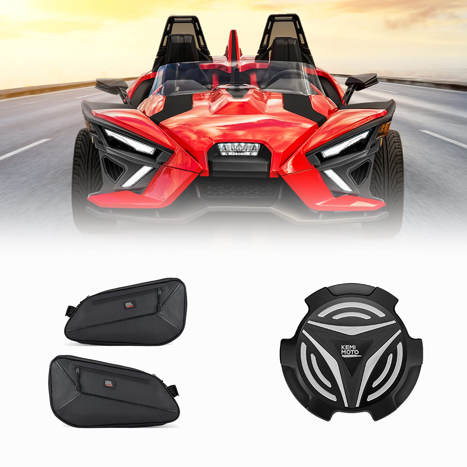 Photo of Side Storage Bags & Aluminum Gas Cap for Polaris Slingshot by Kemimoto - Premium for UTVs / Side by Sides