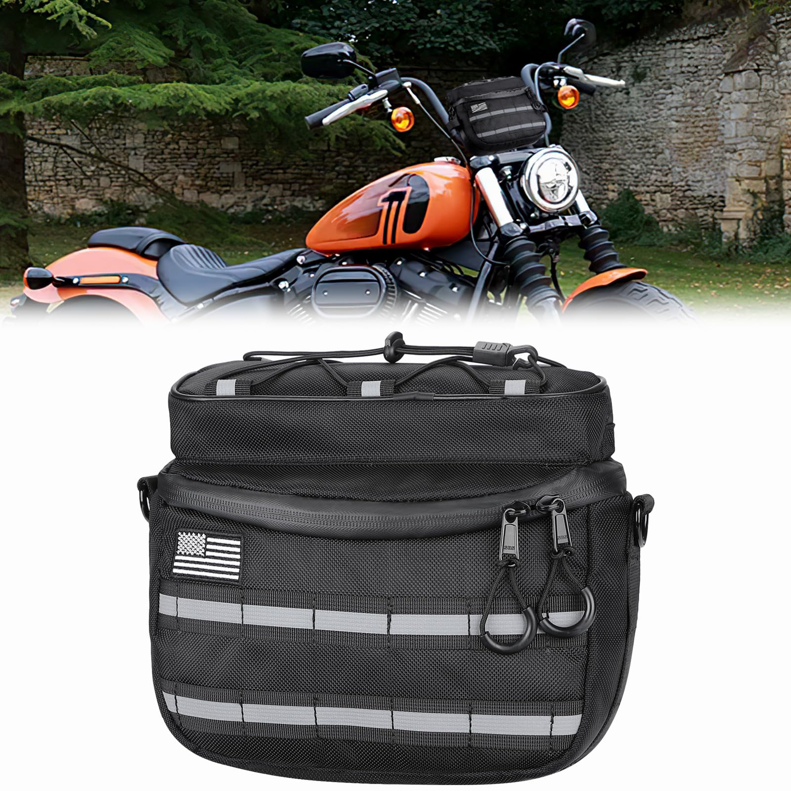 Photo of Motorcycle Handlebar Bag with Reflective Strips for Cruiser Softail Dyna Sportsters by Kemimoto - Premium for UTVs / Side by Sides