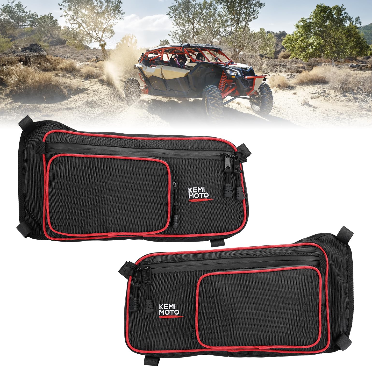 Photo of One Set Rear Upper Door Bags for Can-Am Maverick X3 MAX - Red by Kemimoto - Premium for UTVs / Side by Sides