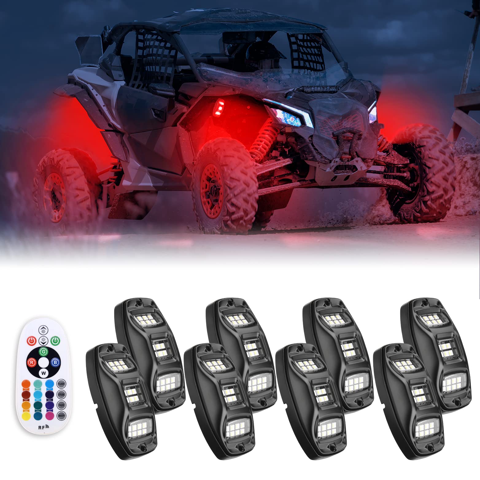Photo of 3FT COB Whip Lights & RGB Rock Light Kit for UTV ATV Jeep by Kemimoto - Premium for UTVs / Side by Sides
