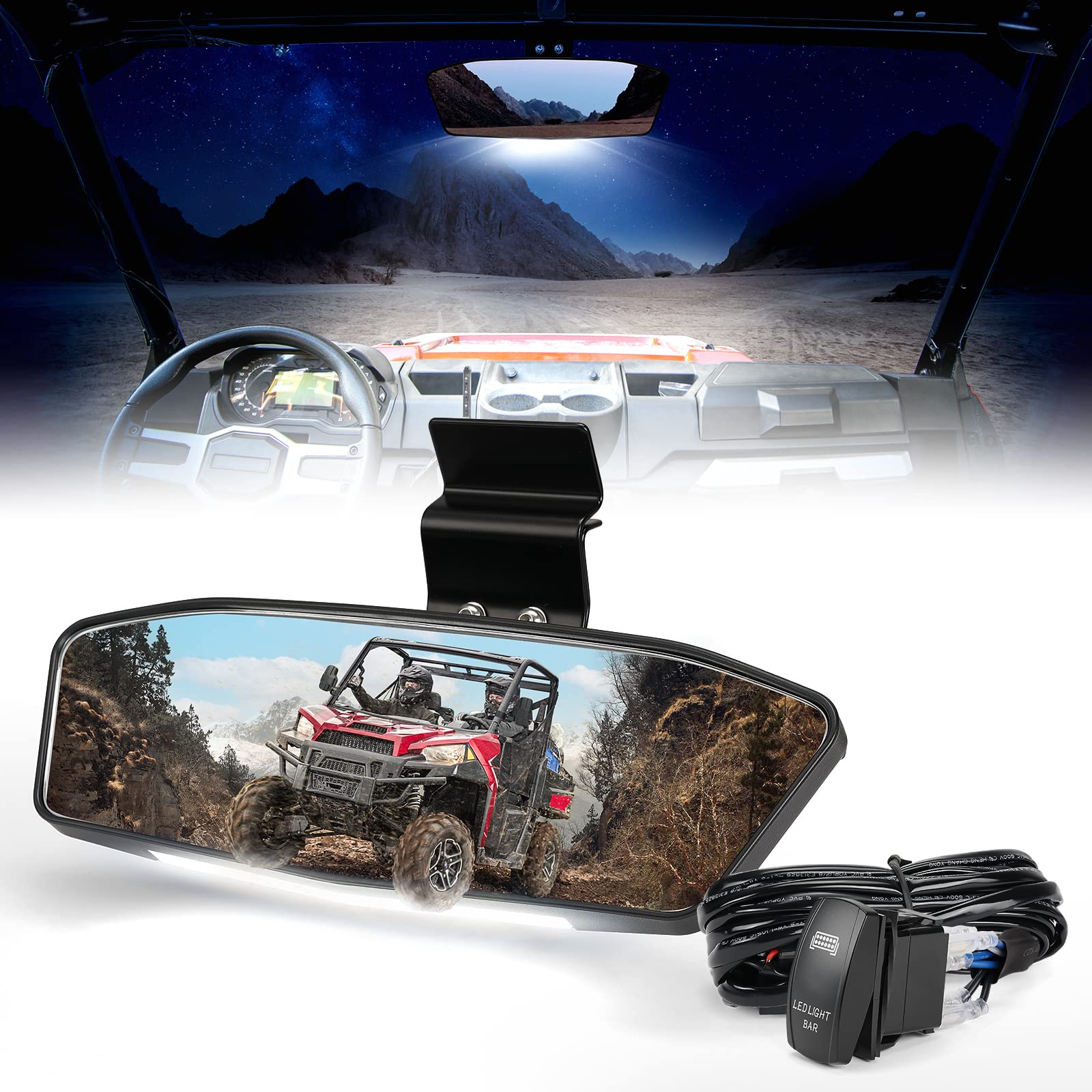 Photo of UTV Rear View Mirror with LED Light for Polaris Ranger/ Defender 2015-2024 by Kemimoto - Premium for UTVs / Side by Sides