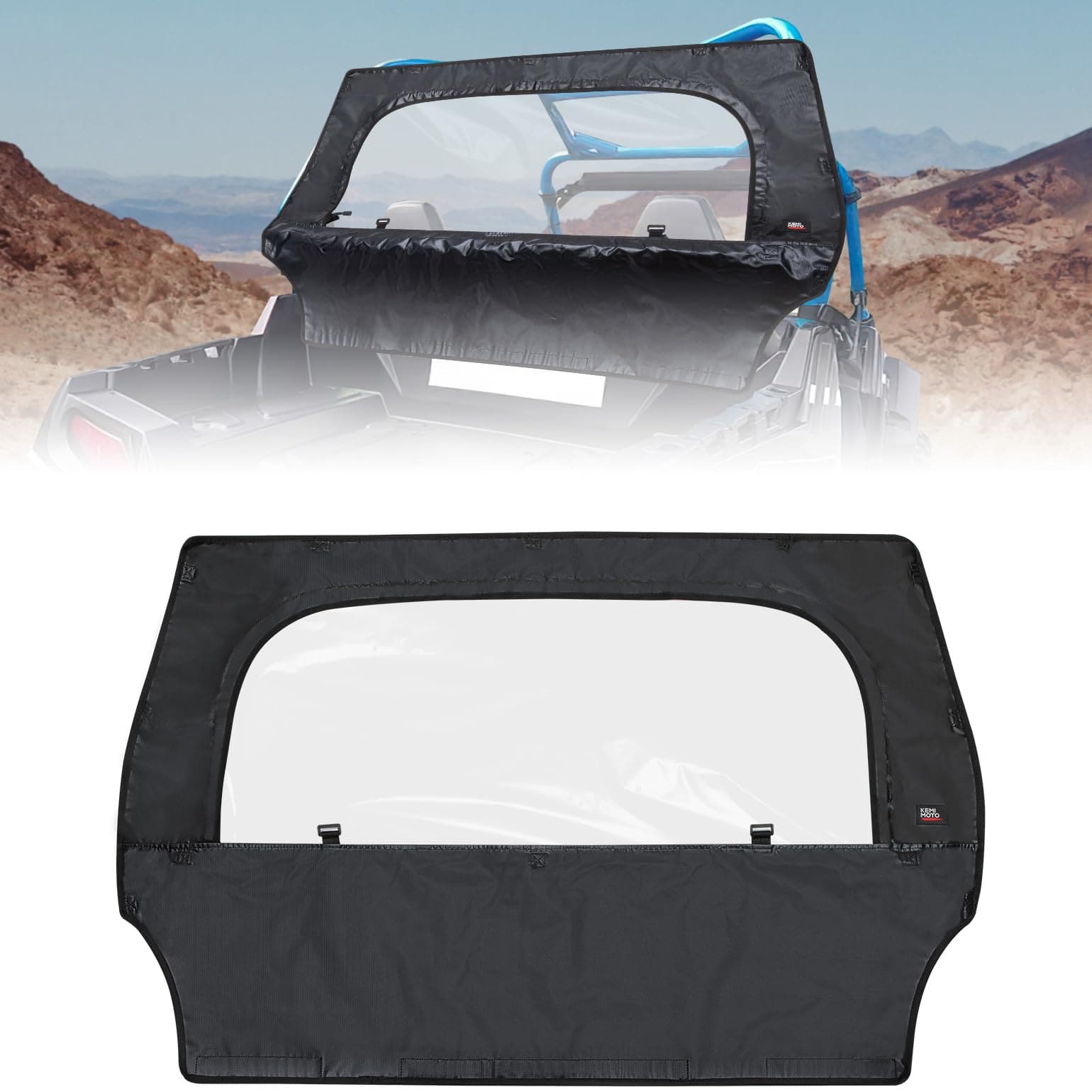 Photo of UTV Rear Windshield with Zipper for Polaris RZR 570, RZR Trail 570, 800, S 800, 900 by Kemimoto - Premium for UTVs / Side by Sides