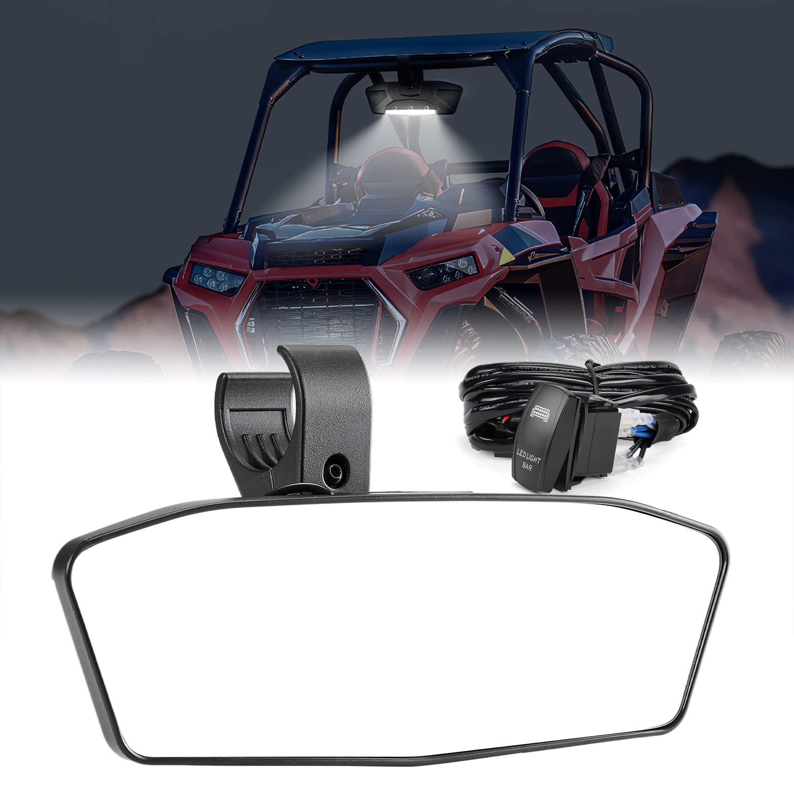 Photo of Rear View Mirror With Lights Fit 1.75"-2" Round Roll Bar by Kemimoto - Premium for UTVs / Side by Sides