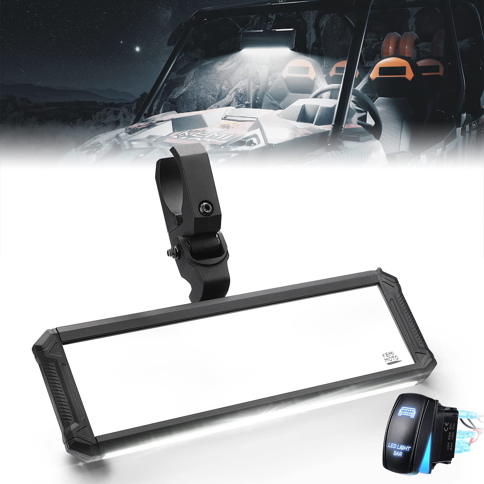 Photo of Upgraded UTV Rear View Center Mirror Interior Light Fit 1.6"-2" Mount by Kemimoto - Premium for UTVs / Side by Sides
