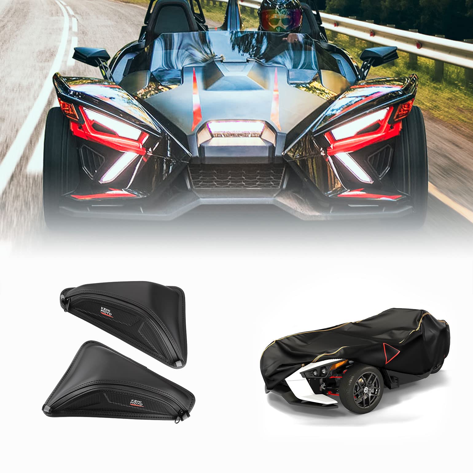 Photo of Full Cover & 2pcs Dashboard Bags for Polaris Slingshot by Kemimoto - Premium for UTVs / Side by Sides