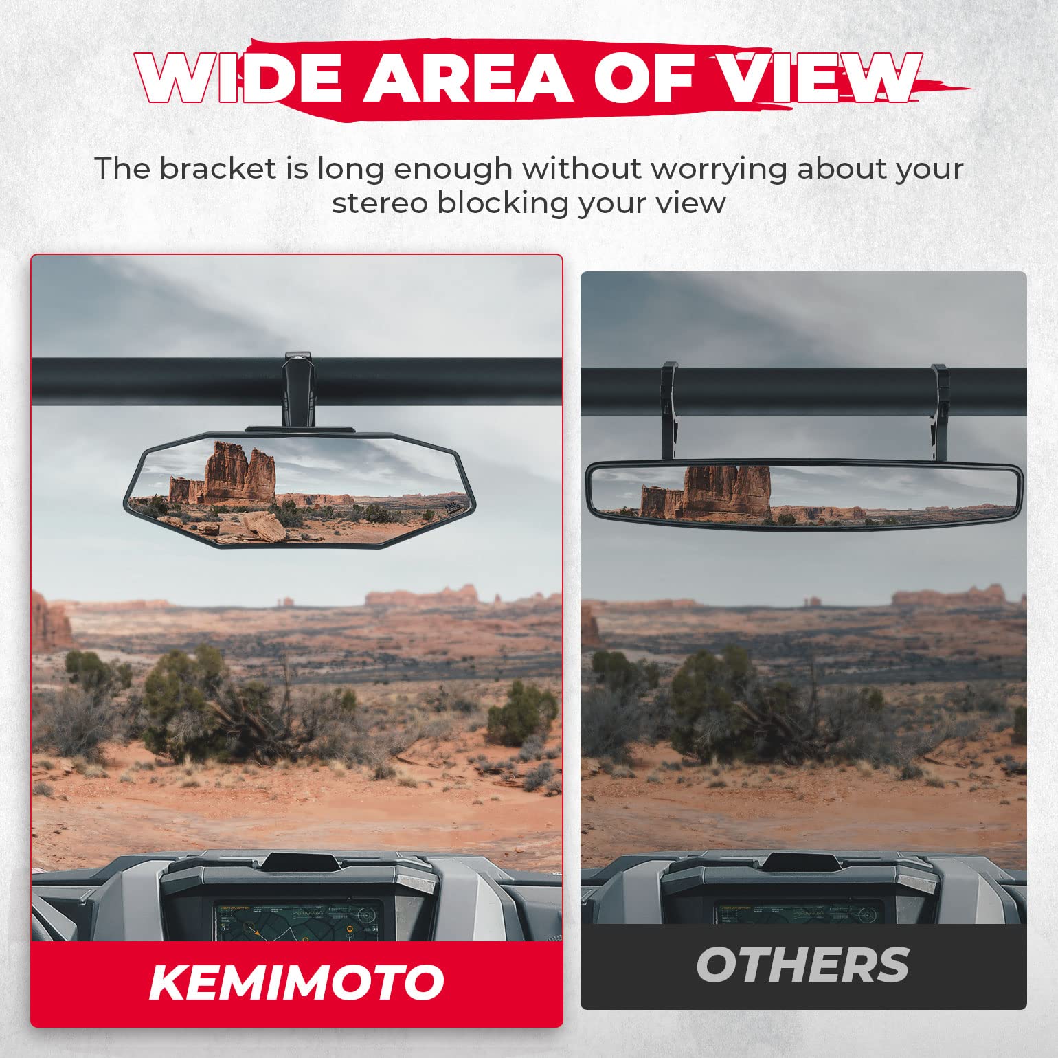 Photo of Upgraded UTV Rear View Mirror for 1.6"-2" Roll Bar Mount by Kemimoto - Premium for UTVs / Side by Sides