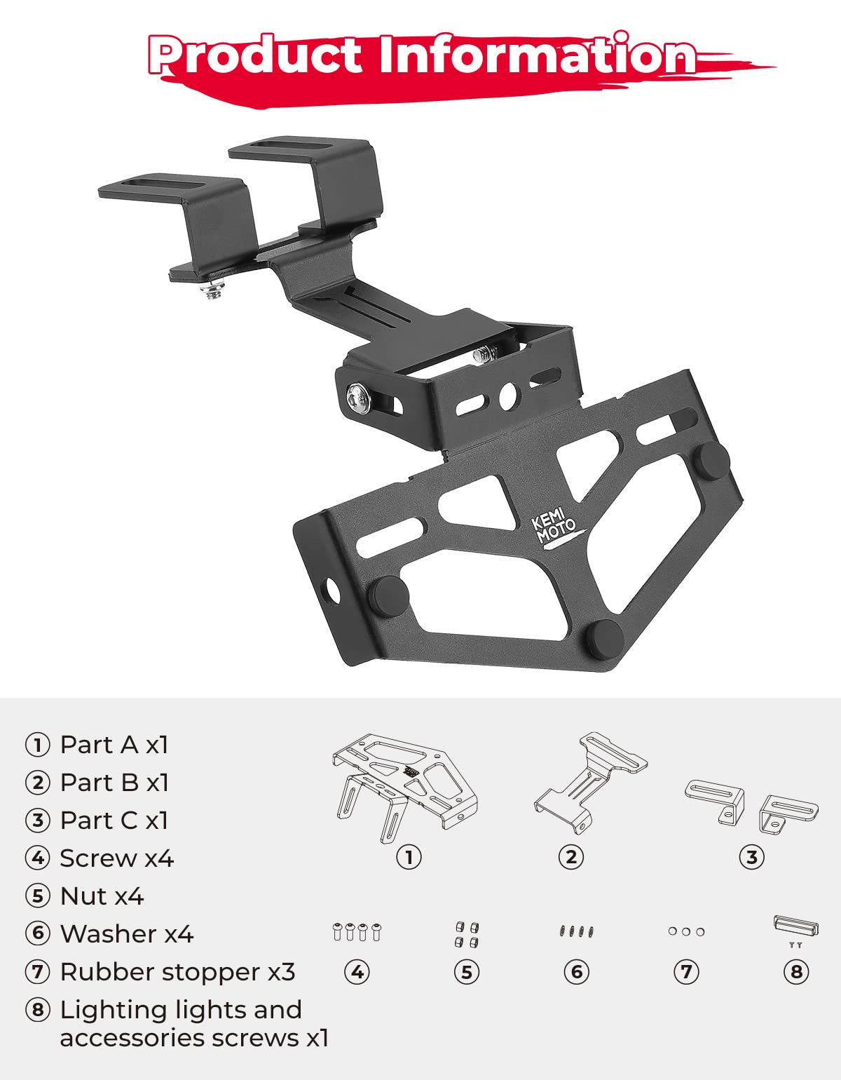 Photo of Universal Motorcycle License Plate Bracket by Kemimoto - Premium for UTVs / Side by Sides
