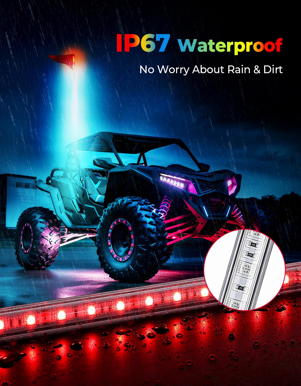 Photo of LED Whip Lights for ATV/UTV/RZR (5FT & RGB - 1PC) by Kemimoto - Premium for UTVs / Side by Sides