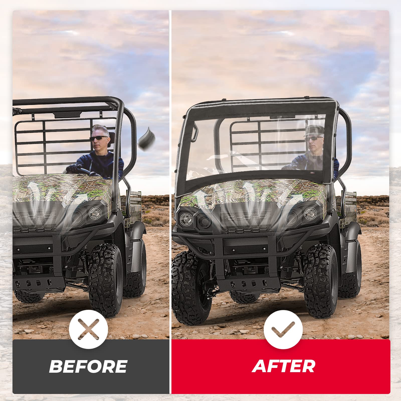 Photo of 600D Oxford Fabric Front Windshield for Kawasaki Mule 610 600 SX 600 by Kemimoto - Premium for UTVs / Side by Sides