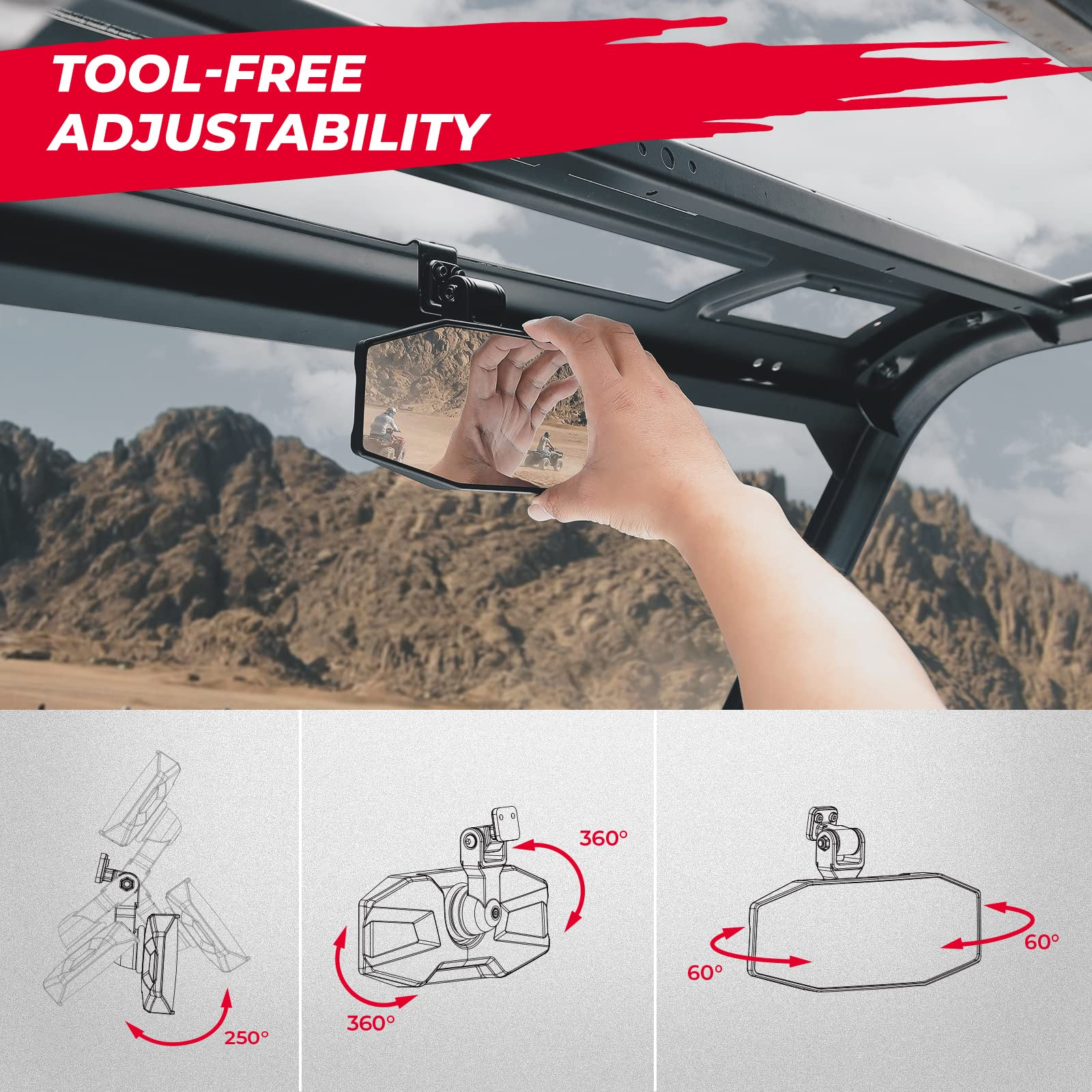 Photo of Rear View Mirror Tool free Adjustable for Ranger 1000 XP 900 500 570 / Crew by Kemimoto - Premium for UTVs / Side by Sides