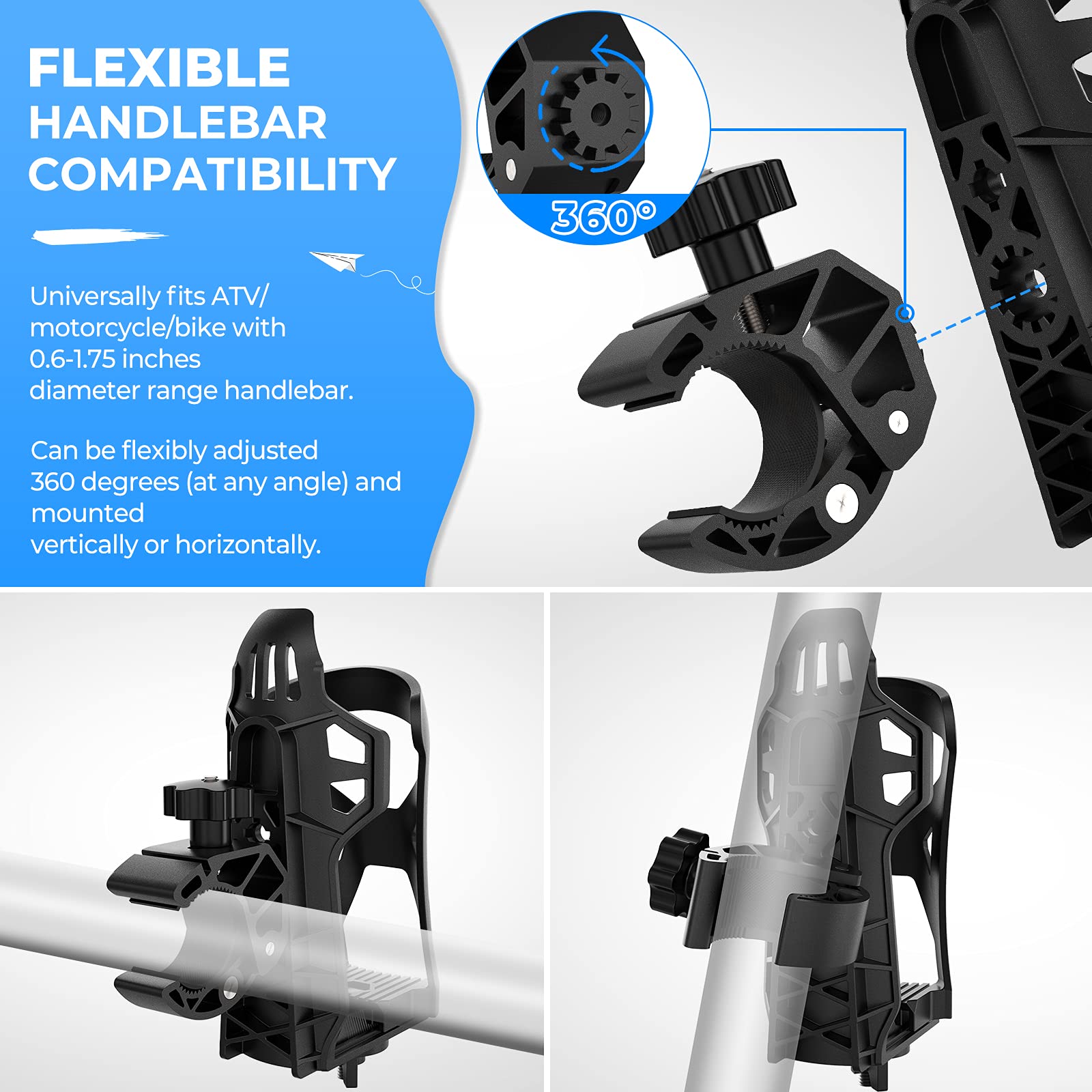 Photo of Upgraded Drink Holder with 0.6”-1.75” Metal Clamp for Motorcycles by Kemimoto - Premium for UTVs / Side by Sides