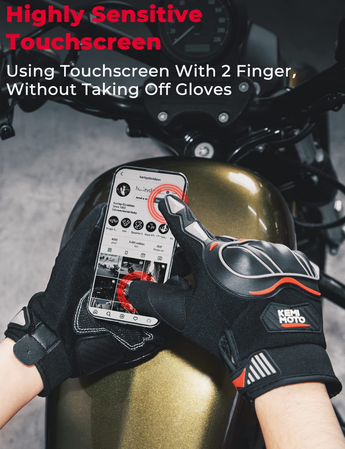 Photo of Motorcycle Touchscreen Riding Gloves with Hard Knuckle by Kemimoto - Premium for UTVs / Side by Sides
