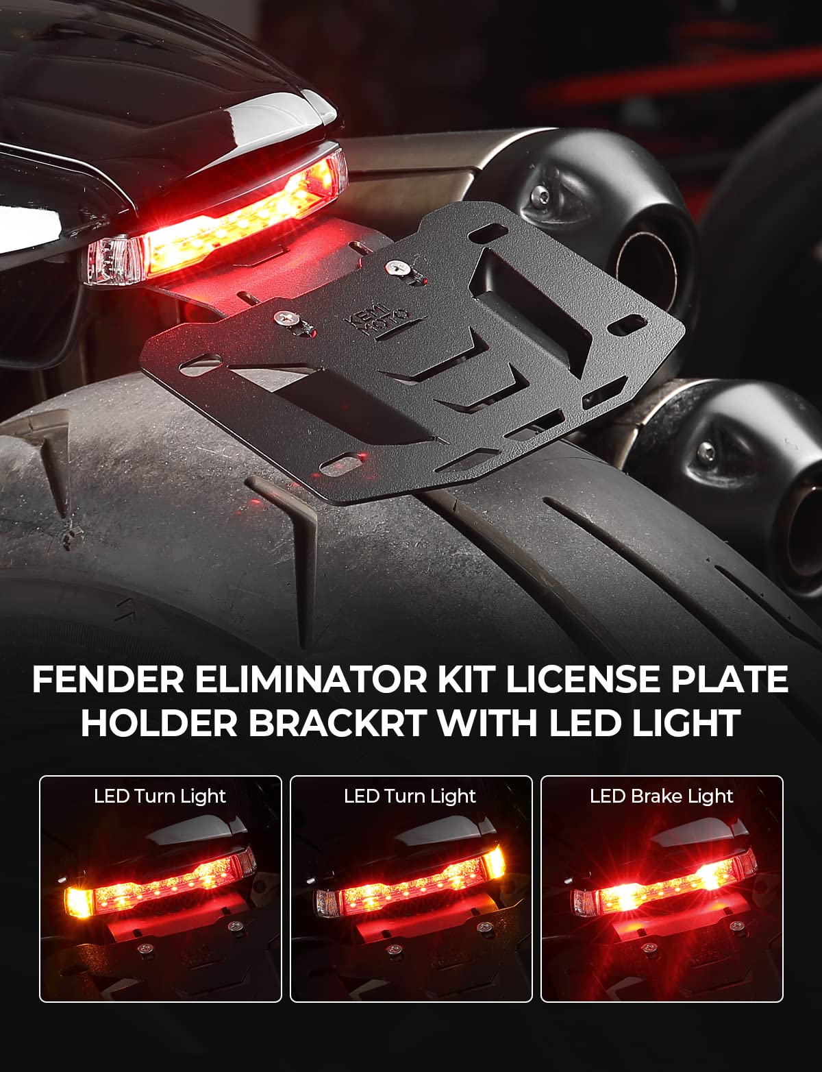 Photo of Motorcycle License Plate Bracket with LED Signal Light by Kemimoto - Premium for UTVs / Side by Sides
