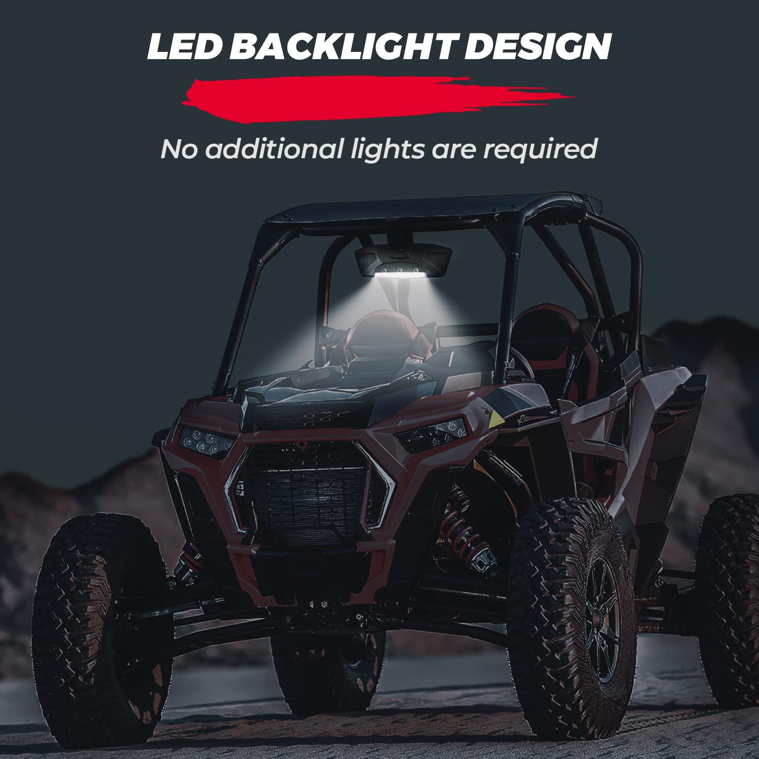 Photo of Rear View Mirror With Lights Fit 1.75"-2" Round Roll Bar by Kemimoto - Premium for UTVs / Side by Sides
