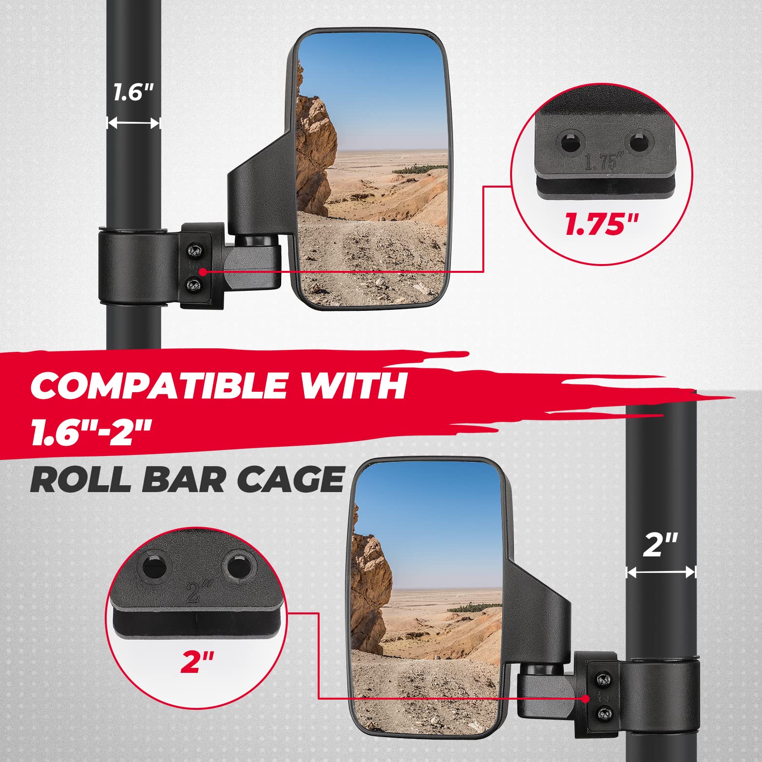 Photo of UTV Side Mirrors for 1.6" - 2" Roll Bar Cage (1 pair) by Kemimoto - Premium for UTVs / Side by Sides