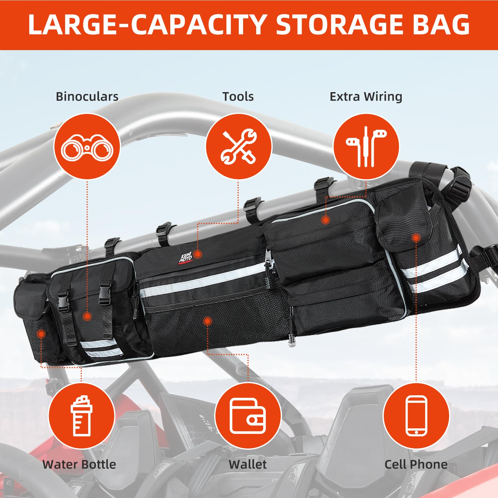 Photo of Universal UTV Roll Cage Organizer for Polaris Ranger RZR/ Pioneer Talon by Kemimoto - Premium for UTVs / Side by Sides