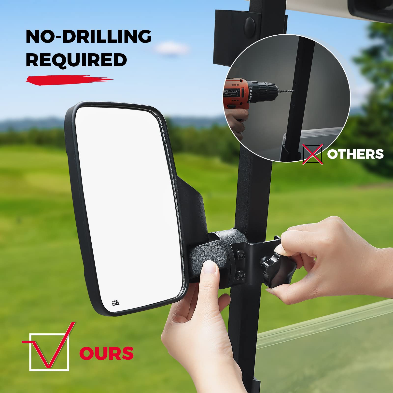 Photo of Golf Cart Side Mirrors for 0.75"-1.25" Square Rail by Kemimoto - Premium for UTVs / Side by Sides